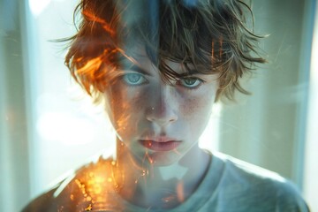 double exposure photo of a young man at home, embodying the emotions of anger, stress, sadness, and confusion associated with bipolar disorder and schizophrenia