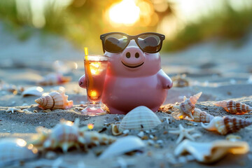 pink piggy bank lounging on the beach with sunglasses and a tiny cocktail in its hand, surrounded by sand and seashells.