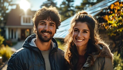 Sticker - Joyful couple in driveway of modern home featuring solar panels, embracing sustainability and happiness