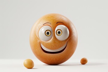 Cheerful lentil character with big eyes and a wide smile, light brown round body, playful and quirky design, fun and happy personality on a light background, selective focus

