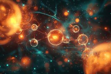 A futuristic representation of nanotechnology, featuring glowing spheres and molecular structures in a dynamic abstract background.