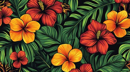 Wall Mural - A vibrant tropical floral pattern with red and yellow hibiscus flowers and green leaves.