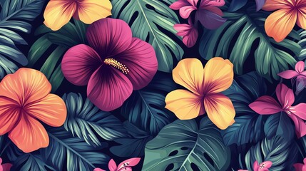 Wall Mural - Vibrant tropical floral pattern with hibiscus flowers and lush green leaves.