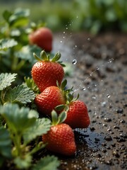 Wall Mural - Water spray on a strawberry field.