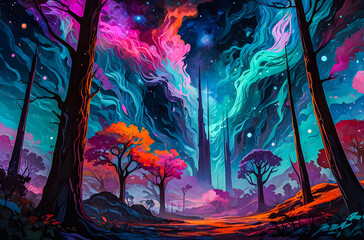 Wall Mural - An abstract landscape featuring towering, otherworldly trees with glowing, neon leaves watercolor oil painting vector art illustration.

