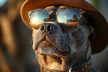 Cool dog in sunglasses and hat with tropical reflections at sunset