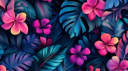 Wall Mural - A vibrant and colorful background of tropical leaves and flowers in shades of blue, pink, and purple.