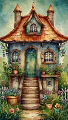 Poster - Watercolor fairytale garden house, ideal for stickers.