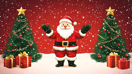 Wall Mural - A festive Christmas scene featuring a cheerful Santa Claus with arms wide open, standing between two decorated Christmas trees adorned with stars, ornaments, and gifts, set against a red, snow-filled 