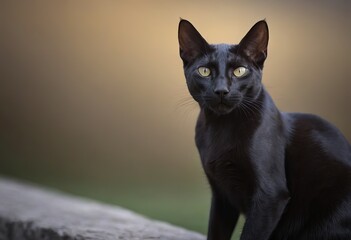 A sleek, black cat with striking yellow eyes is standing on a stone ledge