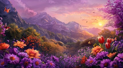 Wall Mural - A beautiful field of flowers with a red mushroom in the foreground