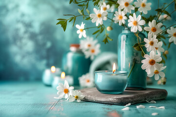 Wall Mural - A calm arrangement showcases fresh daisies in light teal bottles alongside a flickering candle, all resting on a smooth surface. The soothing colors create a peaceful atmosphere