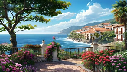 Charming Spanish seaside town adorned with vibrant flowers and rustic fences against the backdrop of the sparkling ocean