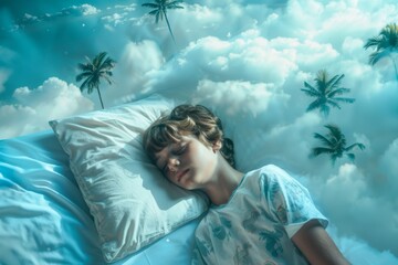 Wall Mural - Young boy serene state resting peacefully his cozy bed. Teenager is dozing his face serene he lies soft bedding. Allegory of rejuvenating power of sleep crucial mental and physical health.