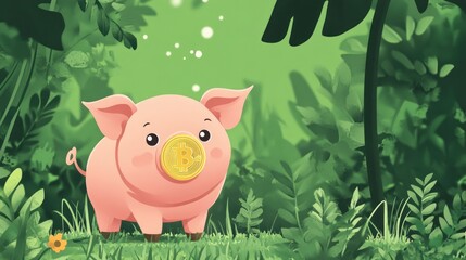 A cartoon pig stands in a lush green jungle with a gold coin on its nose.