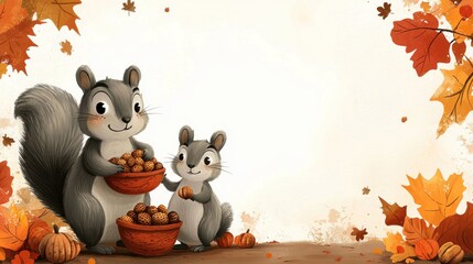 A cartoon of a mother squirrel holding a basket of nuts