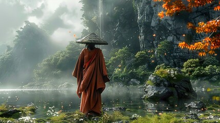 Wall Mural - Tranquil Mountain Lake with Fog and a Figure in a Contemplative Pose