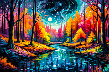 Wall Mural - A flowing river of liquid light winds through a colorful, impressionist forest with trees watercolor oil painting vector art illustration
