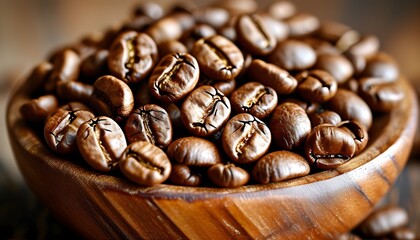 Textured wooden bowl overflowing with aromatic roasted coffee beans on a rustic surface