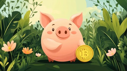 A cartoon pig stands in a field of flowers holding a large gold coin with the Bitcoin symbol on it.