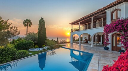 A luxurious Mediterranean-style villa with a pristine pool, vibrant bougainvillea