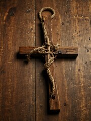 Poster - Wooden cross and rope on a table.