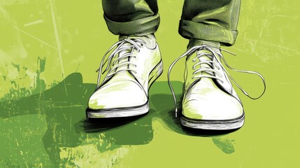 Wall Mural - A pair of white sneakers with laces, standing on a green background.