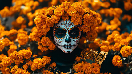 A person with face paint in the form of a catrína, parades through a Day of the Dead parade