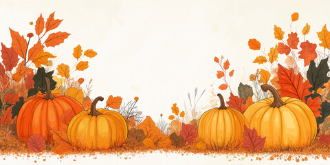 Wall Mural - Retro styled thanksgiving background with freshly orange pumpkin with floral leaf decor