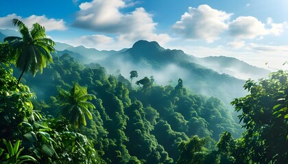 Enchanting tropical rainforest with misty mountains and vibrant green foliage beneath a clear blue sky