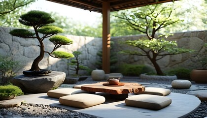 Serene zen garden featuring stone seating, cushions, bonsai tree, and wooden tea table for peaceful outdoor relaxation and meditation