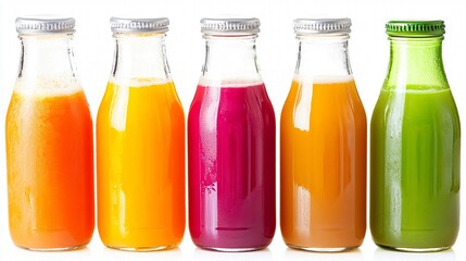 Five glass bottles filled with colorful fruit juice, isolated on white background.