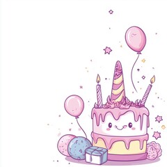 Wall Mural - Cute birthday illustration with a smiling unicorn cake, balloons, and presents in a pastel color scheme with copy space