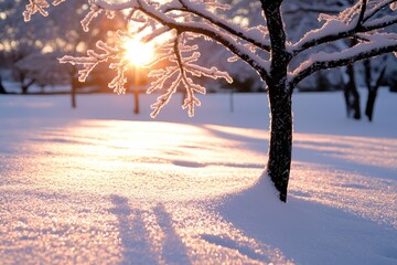 Wall Mural - Snowy winter scene with a tree branch in the foreground and the sun setting in the background