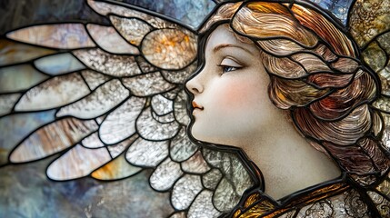 Sticker - stained glass with an angel, concept of religion and faith