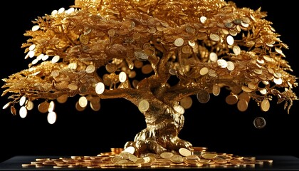 Majestic golden tree embellished with shining coins, symbolizing abundance and prosperity, set against a striking black background