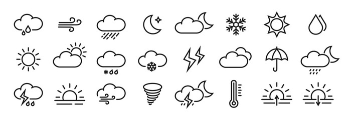 weather line icon set with editable stroke. simple outline collection of meteorology symbols. foreca