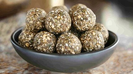 A close-up of a bowl of homemade granola balls.