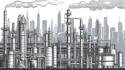 Wall Mural - Industrial Cityscape with Smoke Stacks and City Skyline