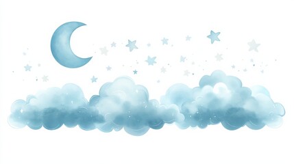 watercolor night sky with moon, clouds, and stars.