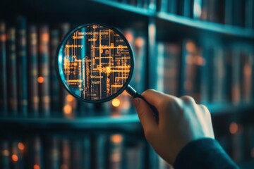 Magnifying Glass Analyzing Digital Data in Library