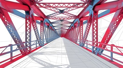 Wall Mural - Red Steel Bridge Construction  D Render  Architectural Structure  Industrial Design  Engineering Concept