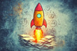 © huntspy - A vibrant rocket launches from stack of ideas, symbolizing innovation and creativity. dynamic flames and abstract sketches evoke sense of excitement and potential