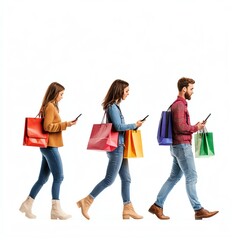 Three people walking with shopping bags and smartphones, enjoying a vibrant shopping experience in a modern environment.