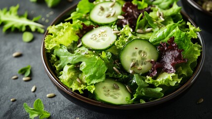 Fresh green salad with cucumber and sunflower seeds in a bowl.