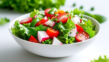 Wall Mural - Vibrant green salad in a pristine white bowl against a clean white backdrop