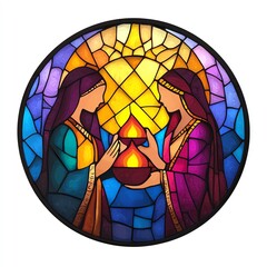 Vibrant stained glass depicting two women holding a flame, symbolizing unity, spirituality, and creativity in art.