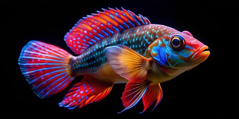 A Vibrant Red and Blue Fish with Speckled Scales on a Black Background, Digital Art, Close-Up, Underwater, Tropical Fish, Aquarium, Aquatic Life