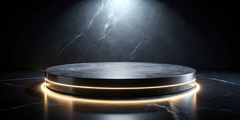 Poster - Black Marble Pedestal with Neon Light, product display , 3d render , mockup