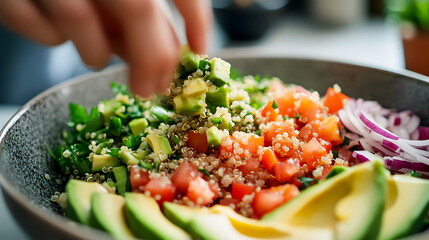 close-up of diced avocado being added to a vibrant quinoa salad in a clean